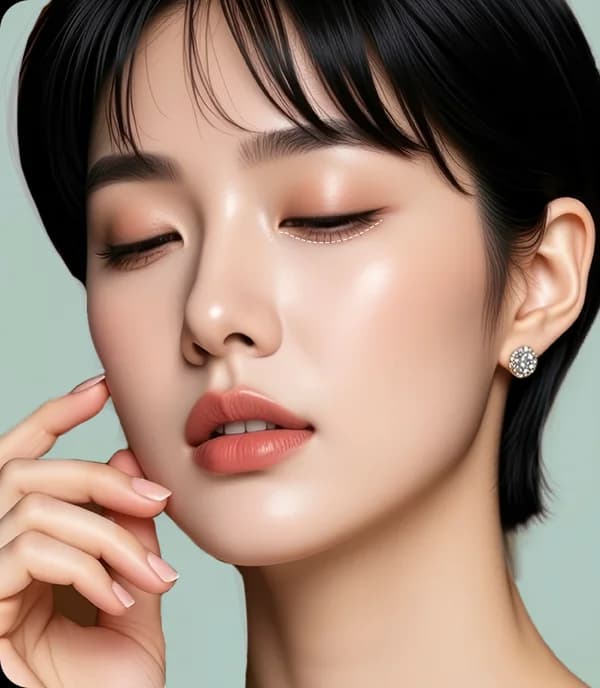 속눈썹 아래를 따라 이어지는 하안검 절개선을 점선으로 표시한 얼굴 사진