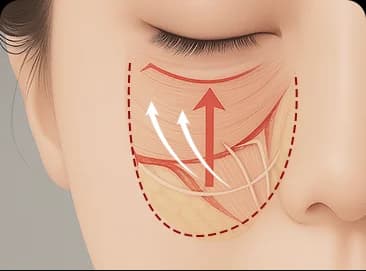 근막층을 포함한 중안면부 조직을 위쪽으로 당기는 방향을 화살표로 표시한 일러스트