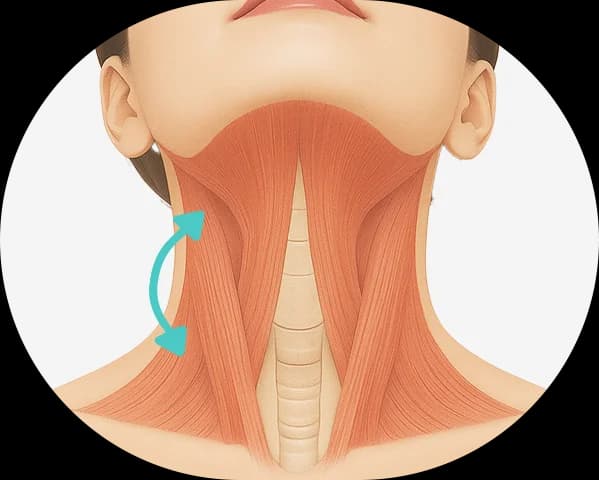 목 앞쪽 활경근의 주행을 드러내고 리프팅 방향을 화살표로 표시한 정면 해부 일러스트