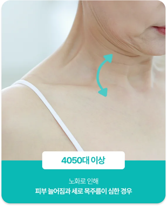 노화로 피부 늘어짐과 세로 목주름이 심해진 4050대 이상 유형을 보여주는 사진 카드
